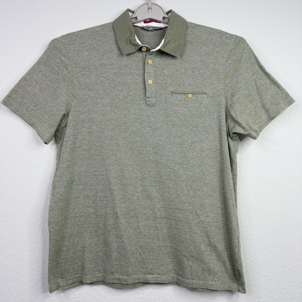 Ted Baker Shirt Mens 4/L Green Stripe Short Sleeve Napoli Business Golf Polo‎